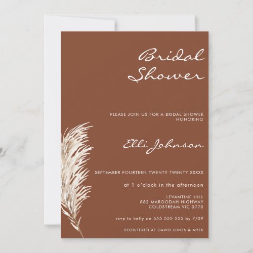 Minimalist Terracotta Boho Pampas Bridal Shower  Invitation