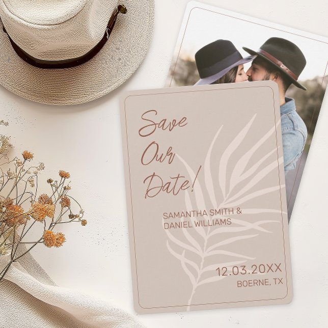 Minimalist Terracotta Boho Wedding Photo Invitation (Boho Terracotta Save Our Date Cards)