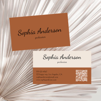 Minimalist Terracotta Brown and Cream Qr Code Business Card