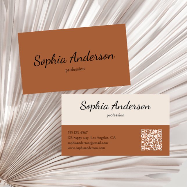 Minimalist Terracotta Brown and Cream Qr Code      Business Card (Creator Uploaded)