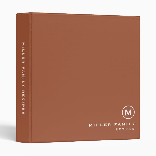 Minimalist Terracotta Family Monogram Recipe 3 Ring Binder (Front/Spine)