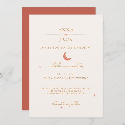 Minimalist Terracotta Gold Moon Wedding Invitation