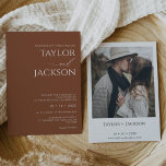 Minimalist Terracotta Italic Calligraphy Wedding Invitation<br><div class="desc">Minimalist Terracotta Italic Calligraphy Wedding Invitation

Simple,  modern and  minimalist in style,  terracotta colored wedding invitation with a modern italic calligraphy word between the couples names. The back of the invitation features a photograph of the couple and a few more details.</div>