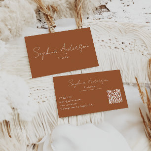 Minimalist Terracotta Modern Script Qr Code        Business Card
