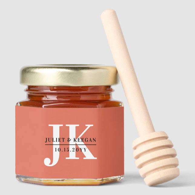 Minimalist Terracotta Monogram Wedding Honey Jar Favors (Front)