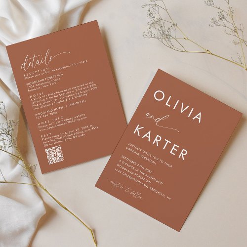 Minimalist Terracotta QR Code All in One Wedding Invitation
