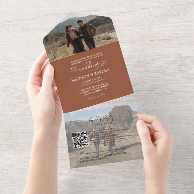 Minimalist Terracotta QR Code RSVP Wedding All In One Invitation (Tearaway)