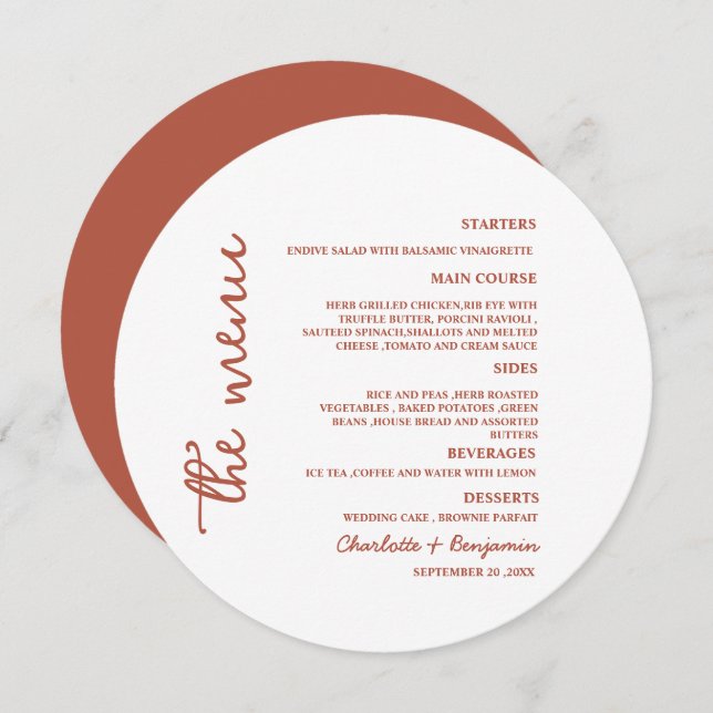 Minimalist Terracotta Round Wedding Menu (Front/Back)