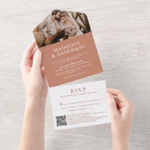 Minimalist Terracotta RSVP QR Code Photo Wedding All In One Invitation