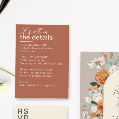 Minimalist Terracotta Rust Wedding Details  Enclosure Card