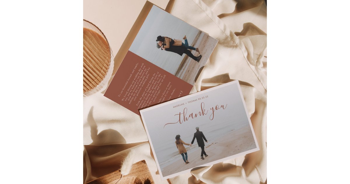 Minimalist Terracotta Script with 2 photo wedding Thank You Card | Zazzle