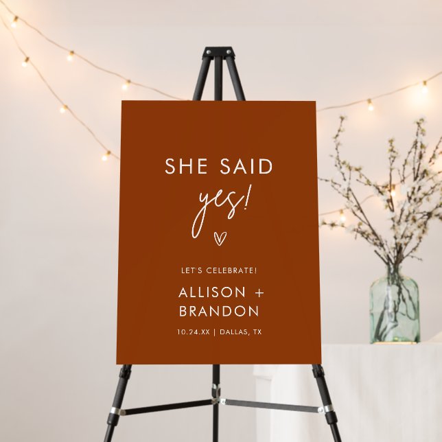 Minimalist Terracotta She Said Yes Engagement Sign (In Situ (Stand))