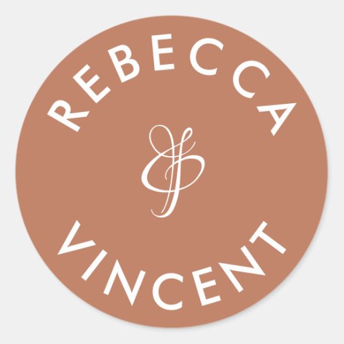 Minimalist Terracotta Wedding Personalized Names Classic Round Sticker