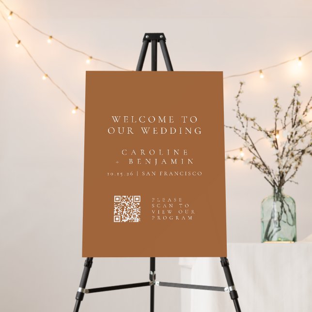 Minimalist Terracotta Wedding Program QR Code Foam Board (In Situ (Stand))