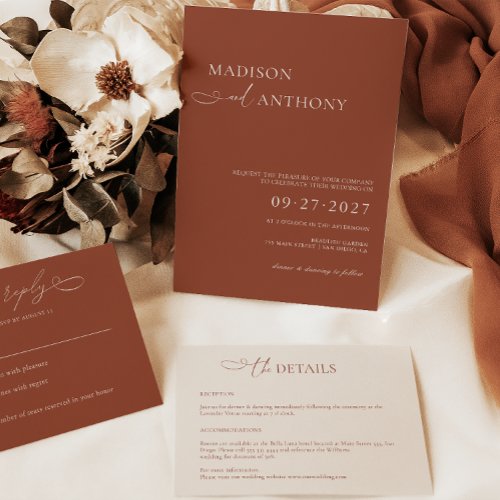 Minimalist Terracotta White Script Wedding Invitation