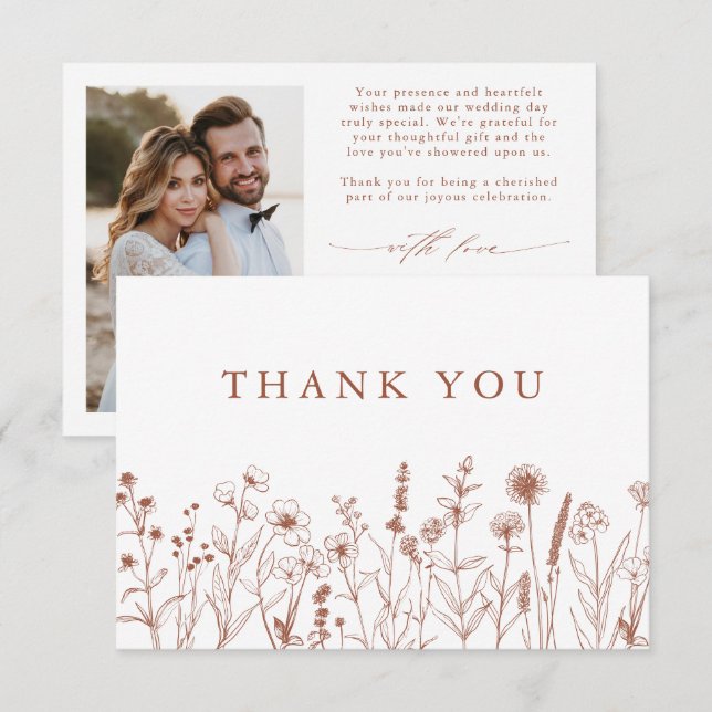 Minimalist Terracotta Wildflower Photo Wedding     Thank You Card (Front/Back)