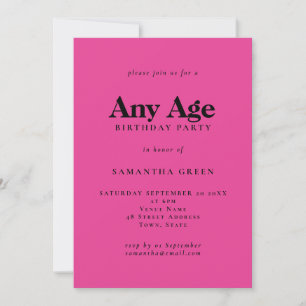 Minimalist Text Any Age Hot Pink Birthday Invitation