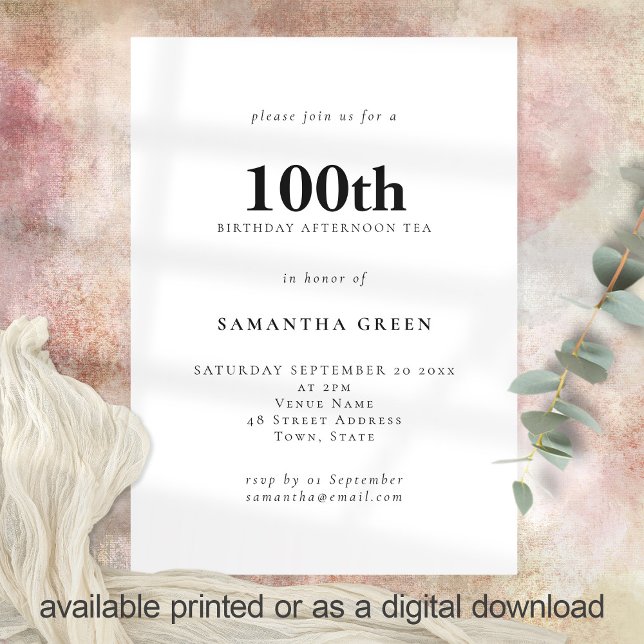 Minimalist Text Any Color 100th Birthday  Invitation (Creator Uploaded)