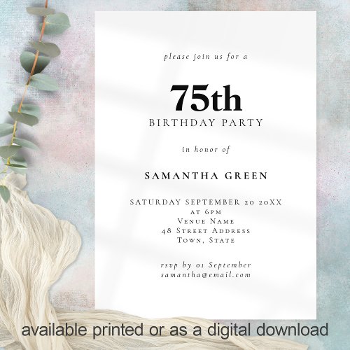 Minimalist Text Any Color 75th Birthday Party Invitation