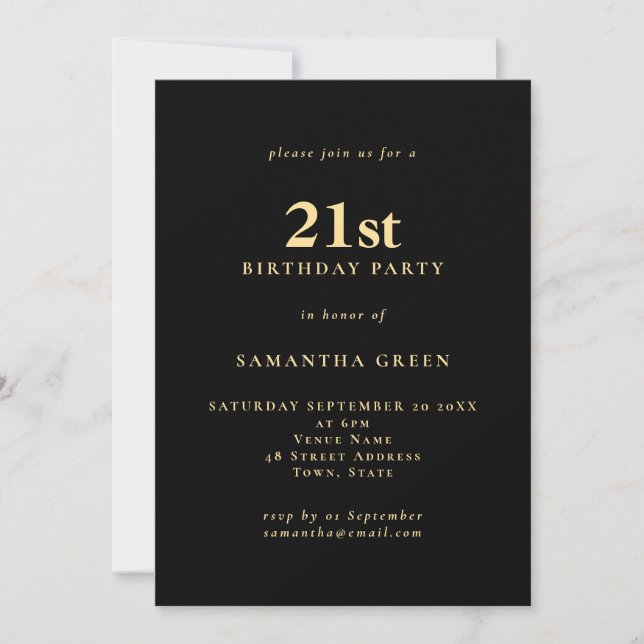 Minimalist Text Black Gold 21st Birthday Party Invitation (Front)