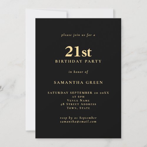 Minimalist Text Black Gold 21st Birthday Party Invitation