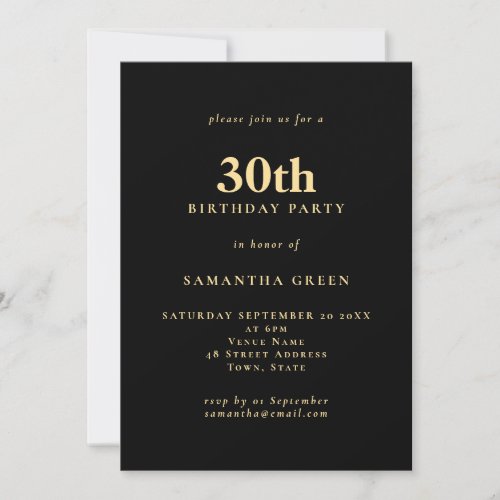 Minimalist Text Black Gold 30th Birthday Party Invitation