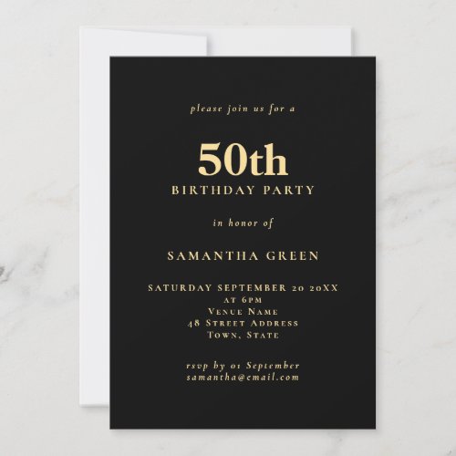 Minimalist Text Black Gold 50th Birthday Party Invitation