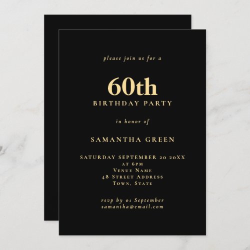 Minimalist Text Black Gold 60th Birthday Party  Invitation