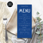 Minimalist Text Blue Wedding Menu card<br><div class="desc">Minimalist Text mid Blue Wedding Menu card. Available digitally and printed. Easily personalize the text to your own details which includes alternatives for your vegan or vegetarian options. You can change if you wish to any colors of your choice to match your wedding theme.</div>