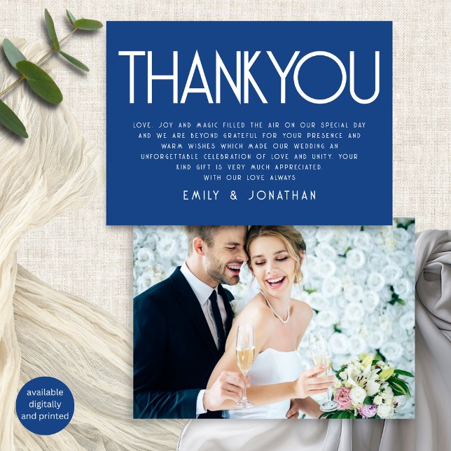 Minimalist Text Blue Wedding Thank You Card (Frotn and back view)