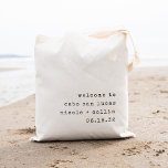 Minimalist Text Destination Wedding Welcome Tote Bag<br><div class="desc">Welcome guests to your destination wedding with these chic and modern personalized tote bags. Design features "welcome to [destination]" in black vintage typewriter lettering with your names and wedding date beneath,  aligned at the lower right for a minimalist look.</div>