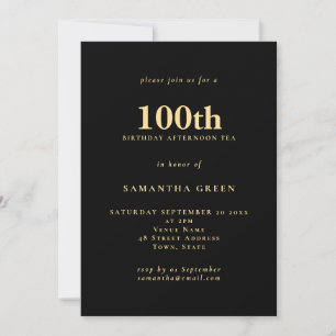 Minimalist Text Gold Black 100th Birthday Invitation