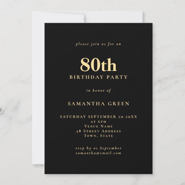 Minimalist Text Gold Black 80th Birthday Party  Invitation (Front)