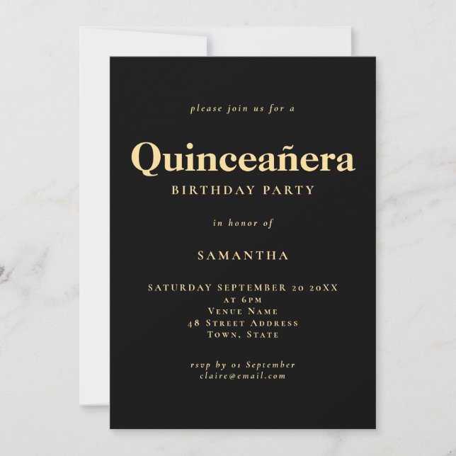 Minimalist Text Gold Black Quinceañera Birthday Invitation (Front)
