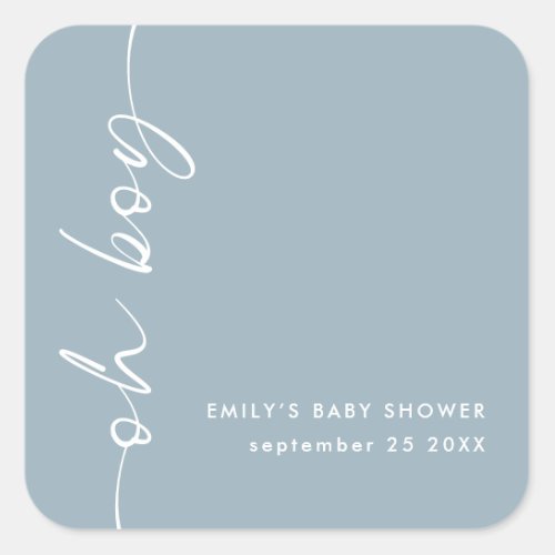 Minimalist Text Name Oh Boy Dusty Blue Baby Shower Square Sticker