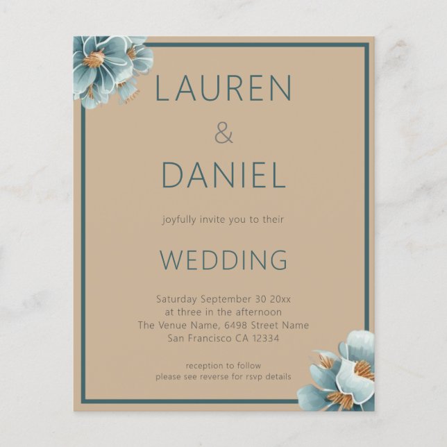 Minimalist Text QR Code Coffee and Blue Wedding Flyer (Front)