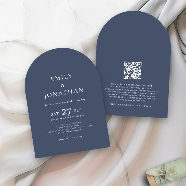 Minimalist Text QR Code Dusty Navy Arch Wedding  Invitation (front and back view)