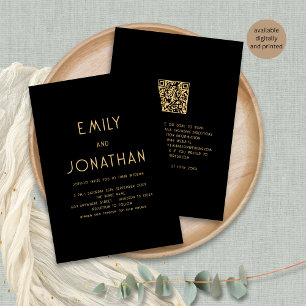 Minimalist Text QR Code Gold Black Wedding Invitation