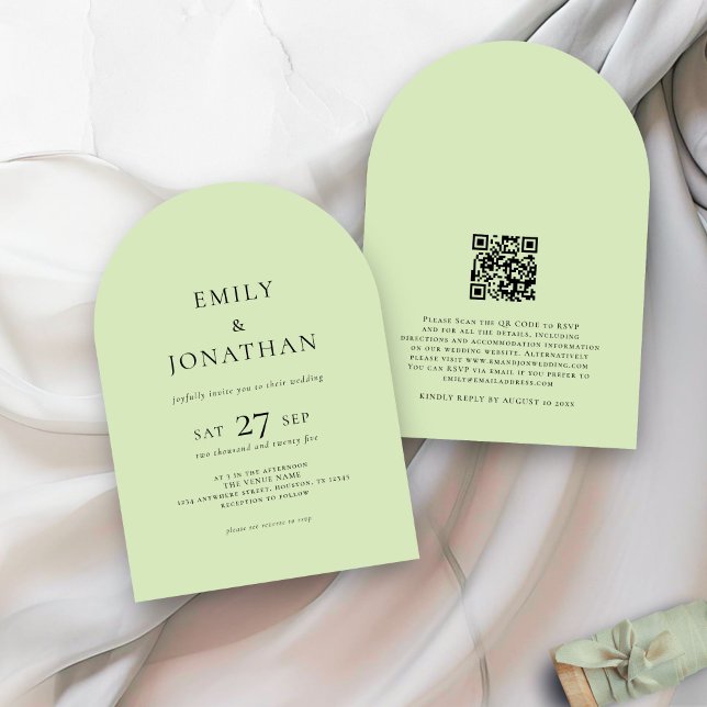 Minimalist Text QR Code Lime Cream Arch Wedding  Invitation (front and back view)