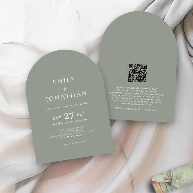 Minimalist Text QR Code Sage Green Arch Wedding  Invitation (Front and back view)