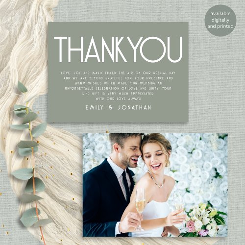 Minimalist Text Sage Green  Wedding Thank You Card