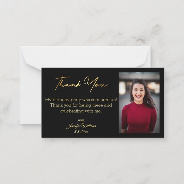 minimalist  thank you birthday black gold photo note card (Front)
