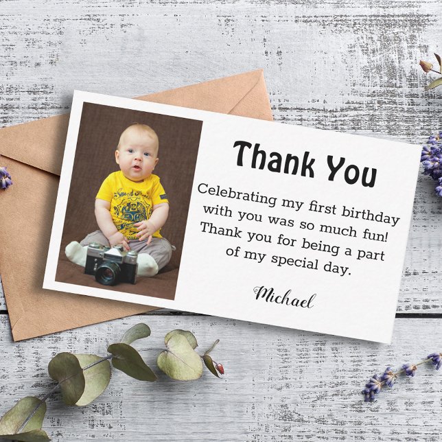 minimalist thank you boy 1st birthday photo note card (Creator Uploaded)