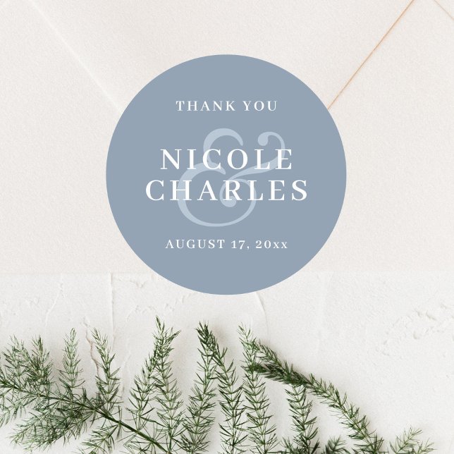 Minimalist Thank You Dusty Blue Wedding Favor Classic Round Sticker (Creator Uploaded)