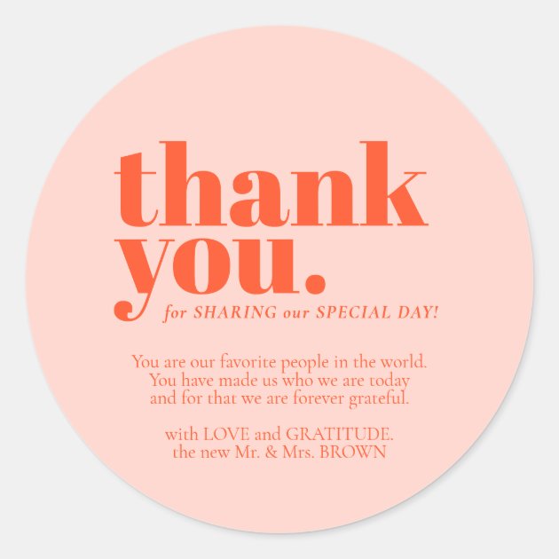 Minimalist Thank You elegant Orange Pink Classic Round Sticker