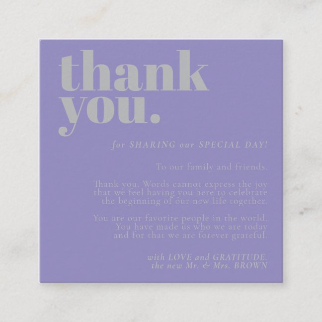 Minimalist Thank You left Lavender Silver Enclosure Card