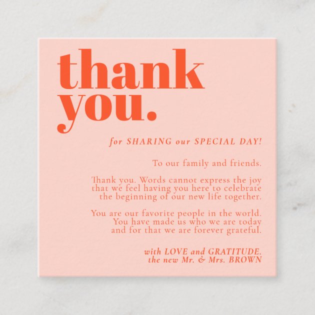 Minimalist Thank You left Orange Pink Enclosure Card