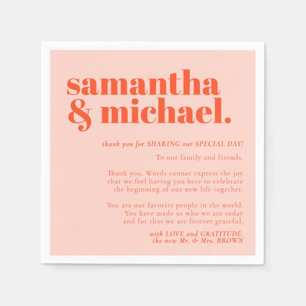 Minimalist Thank You left Orange Pink name Napkins