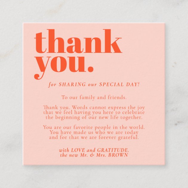 Minimalist Thank You Orange Pink Enclosure Card