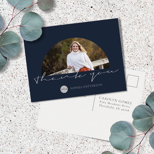 Minimalist Thank You Photo Navy Gray Postcard (Creator Uploaded)